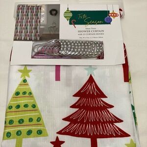 Tis the Season Shower curtain with hooks Multi colored Trees
